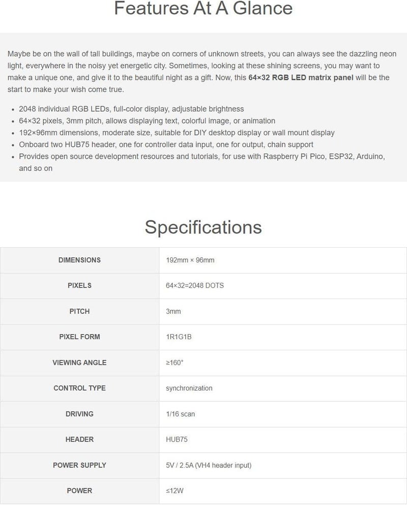 Waveshare RGB Full-Color LED Matrix Panel 64×32 Pixels Display Screen 2048 Individual LEDs 3mm Pitch Compatible with Raspberry Pi 5/4B/3B/Zero/Zero W/Zero 2W/Pico/Pico W/Pico WH, ESP32 - Image 4